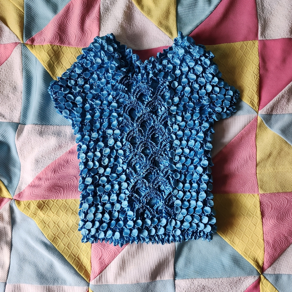 Elegant Blue Textured Women's Popcorn Top